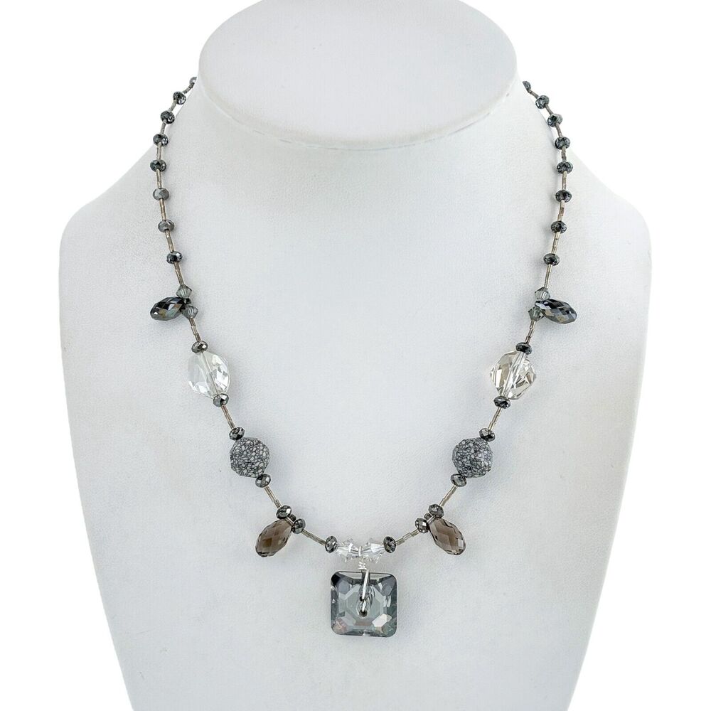 Vintage Artisan Sterling Silver Faceted Glass Beaded Heart Toggle Necklace 16"